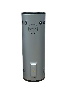 Tall Omnix 125L electric hot water heater tank showing side inlet and outlet ports on a black background.