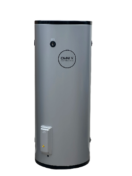 Back angle of Omnix 250L electric water heater tank detailing upper inlet connections.