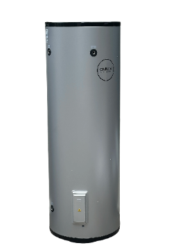 Omnix 315L slimline stainless steel electric water heater tank, front-three-quarter view showcasing ports.