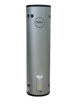 High-capacity tall Omnix 400L electric storage water heater with integrated control panel, isolated on black.