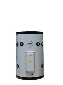 Compact Omnix 50L electric storage water heater tank with dual side connections, isolated on black