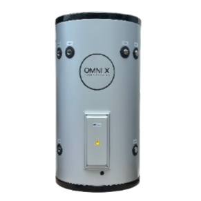 Omnix stainless steel hot water cylinder, medium capacity electric storage heater with side ports.
