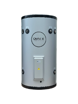 Omnix 80L stainless steel hot water cylinder, medium capacity electric storage heater with side ports.